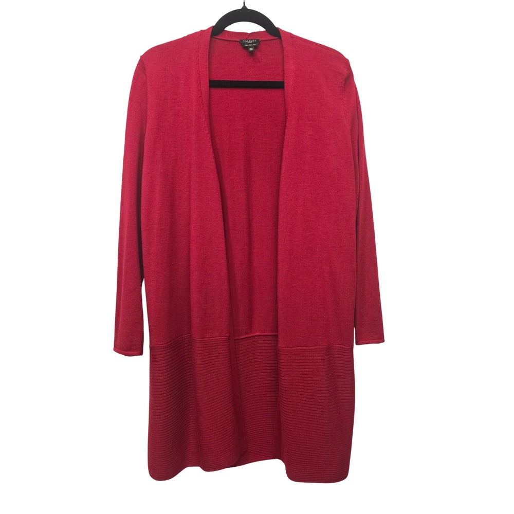 Talbots Petites MP 100% Merino Wool Open Front Long Cardigan Red Classic Preppy